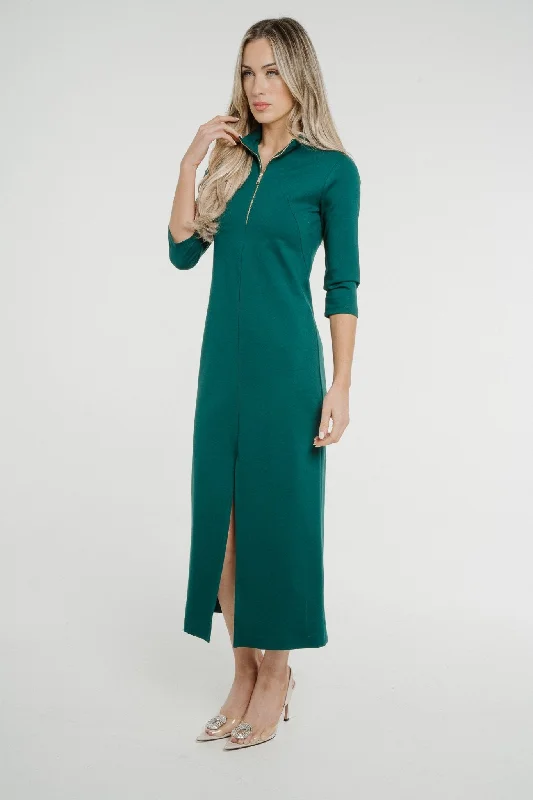 Deep Discounts Faye Zip Front Midi Dress In Forest Green