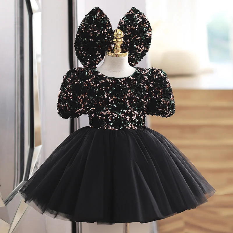 Super Deal Baby Girl Formal Princess Dresses Girl Summer Black Sequins Puffy Birthday Party Dress