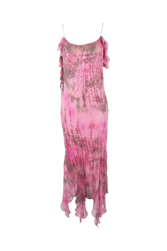 Super Bargain Vintage Pink Silk Beaded Ruffled Tie Dye Slip Dress, 1990s