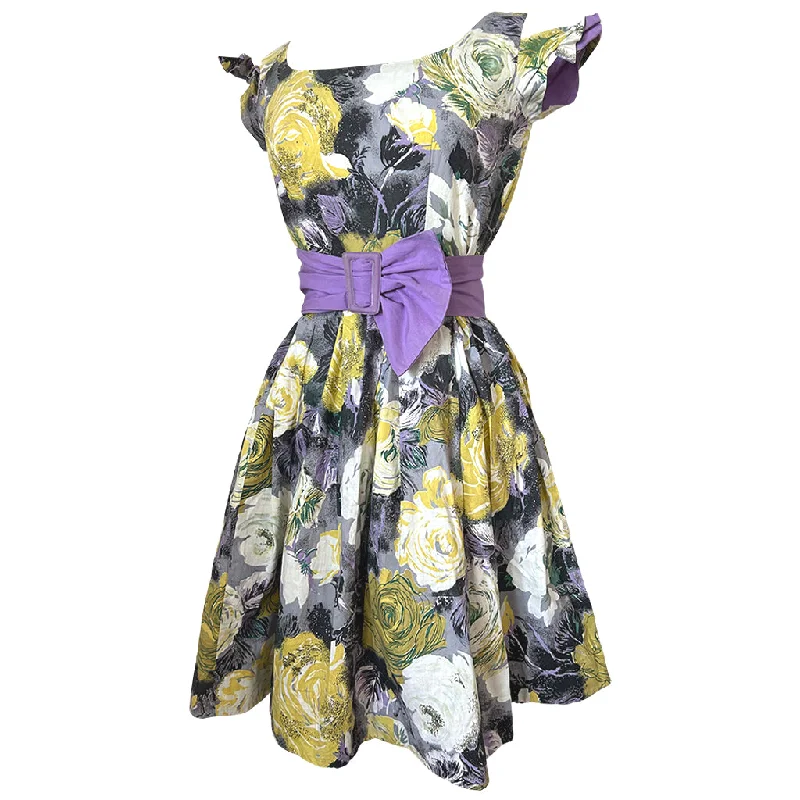 Savings Galore Lavender, yellow and grey cotton rose print vintage 1950s split sleeve day dress Savings Galore Lavender, yellow and grey cotton rose print vintage 1950s split sleeve day dress