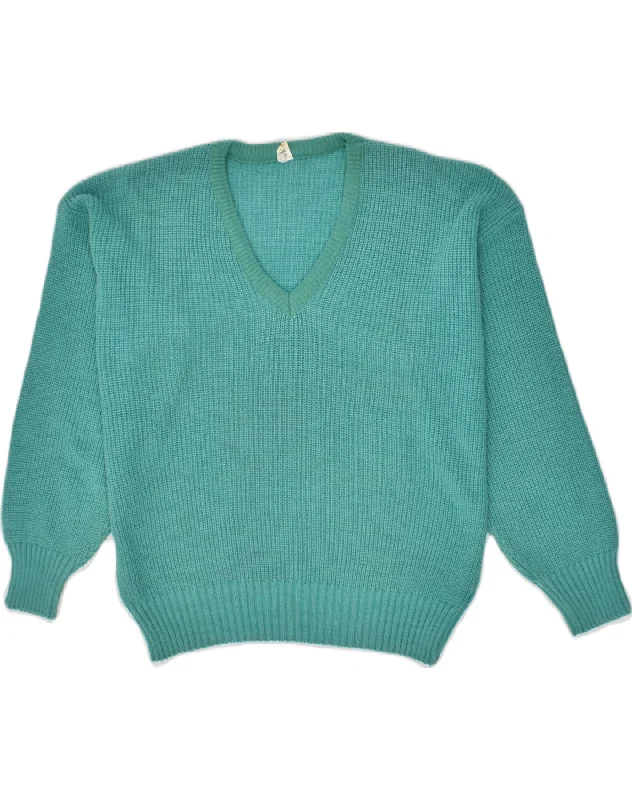 Price Drop Alert VINTAGE Womens V-Neck Jumper Sweater UK 10 Small Turquoise Cotton