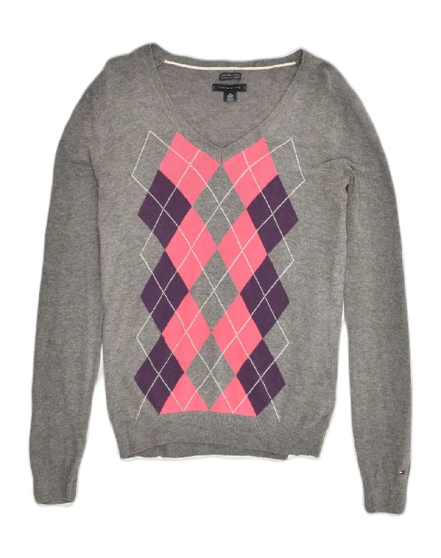 Blowout Deals TOMMY HILFIGER Womens V-Neck Jumper Sweater UK 6 XS Grey Argyle/Diamond