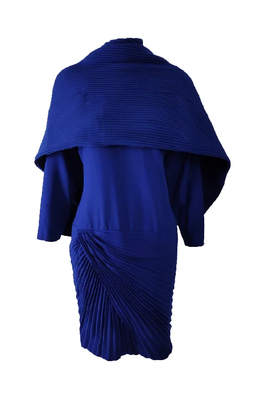 Limited Availability Gianni Versace Couture Blue Wool Pleated Dress & Scarf, Fall 1989 Limited Availability Gianni Versace Couture Blue Wool Pleated Dress & Scarf, Fall 1989