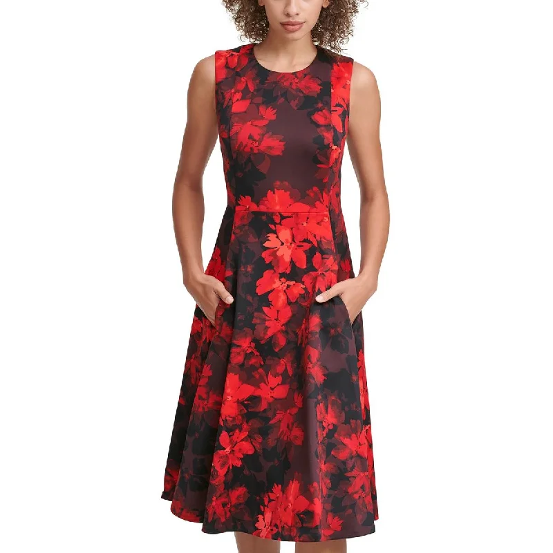 Calvin Klein Womens Floral Print Crepe Fit & Flare Dress