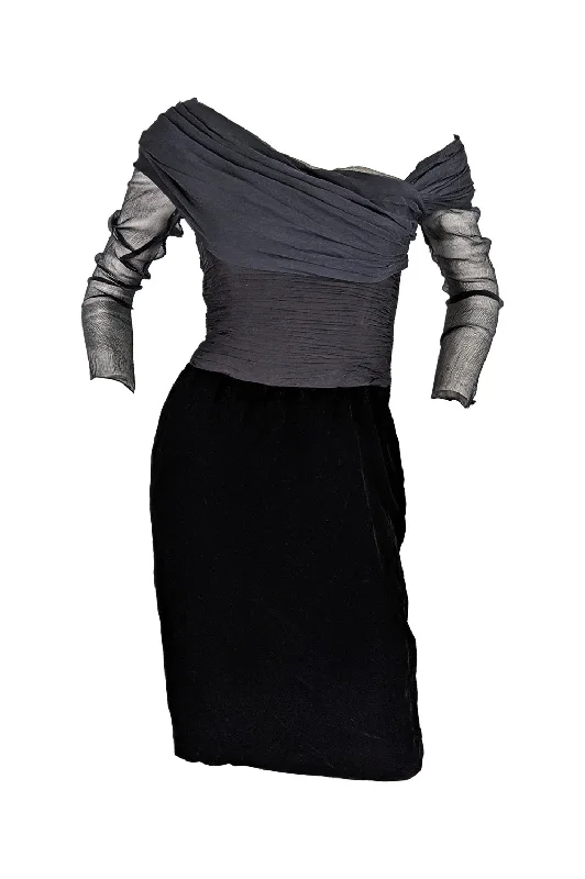 Limited Quantity Oscar de la Renta Vintage Black Silk Chiffon & Velvet Dress, 1980s