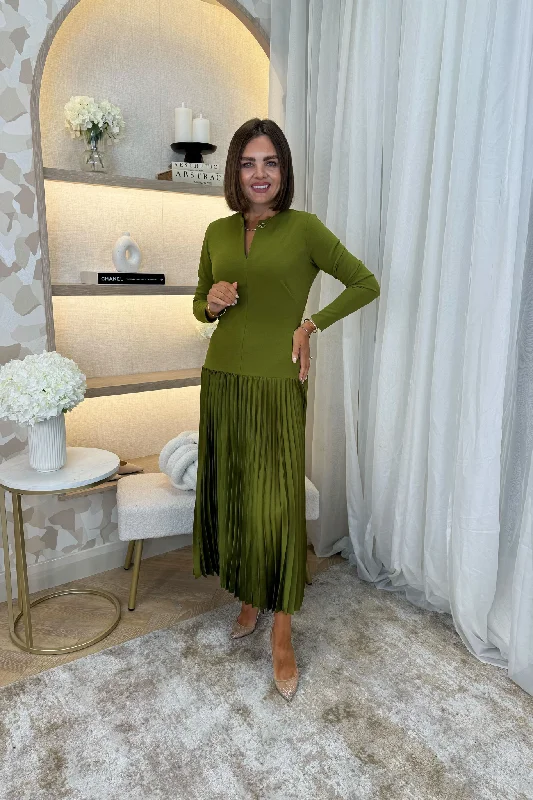 Daily Deals Kayla Drop Waist Pleated Dress In Olive