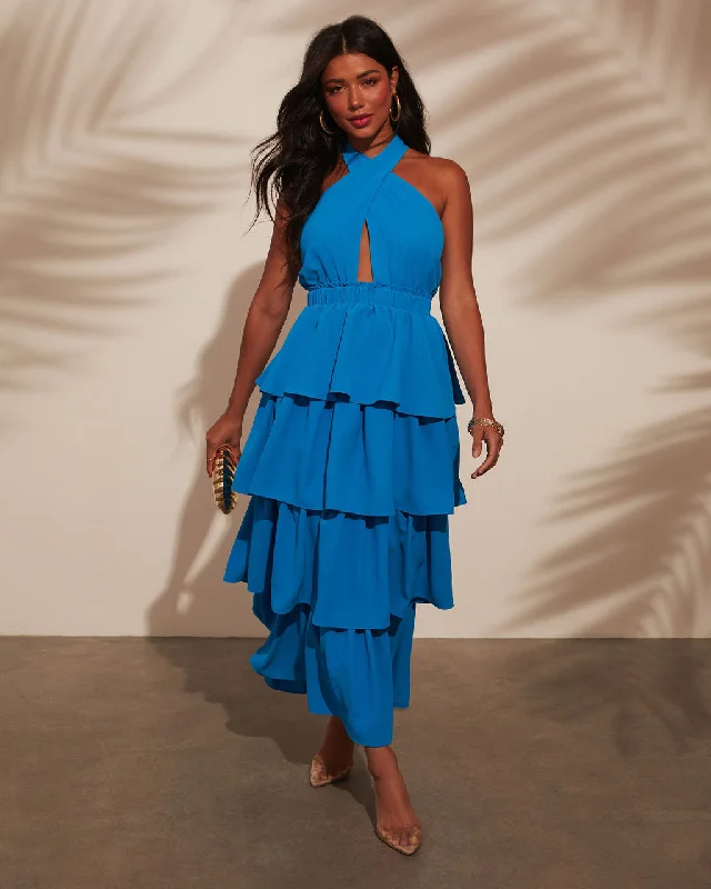 Salsa Dance Ruffle Tiered Halter Maxi Dress