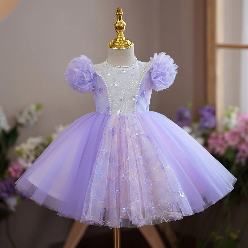 Major Savings Toddler Prom Dress Girl Purple Puff Sleeves Birthday Party Dress