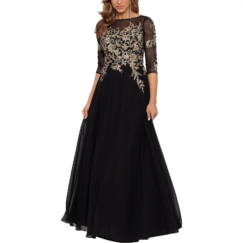 Betsy & Adam Womens Metallic Embroidered Evening Dress