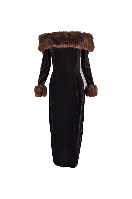 Flash Deals Vintage Brown Velour & Faux Fur Evening Gown, 1990s