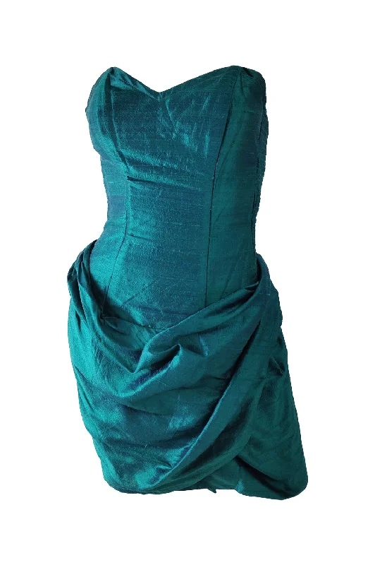 Year-End Clearance Sarah Whitworth Vintage 80s Teal Silk Boned Corset Dress, 1980s