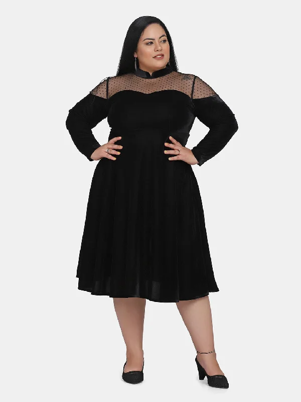 Savings Galore Illusion Neck  Velvet Party Dress for Women- Black