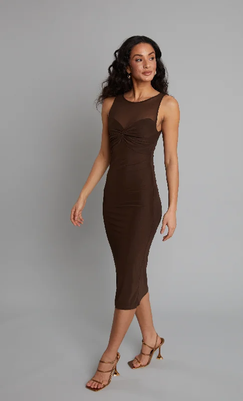 The Best Prices Brown Mesh Twist Bust Midi Dress
