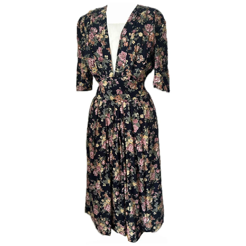 Value Deals Midnight blue floral vintage 1980s-does-1940s day dress