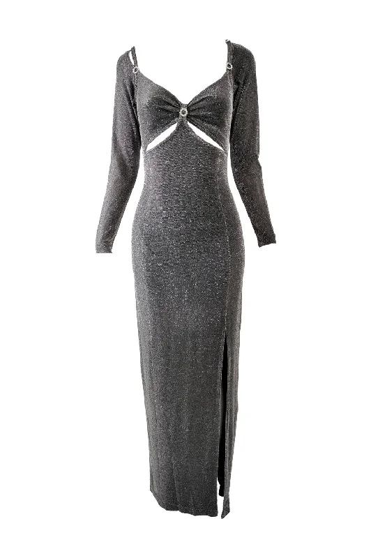 Price Reduction Tadashi Shoji Vintage Silver Lurex Cut Out Evening Dress, 1990s