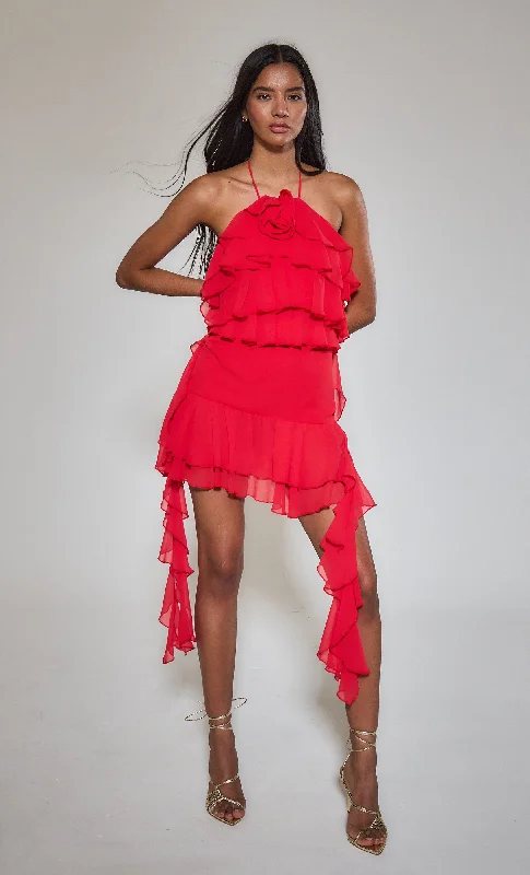 Can't Miss Red Ruffle Corsage Halter Mini Dress