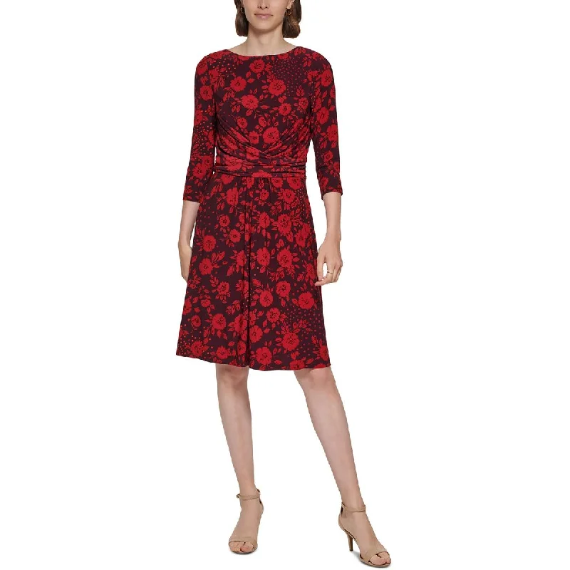 Tommy Hilfiger Womens Petites Jersey Floral Fit & Flare Dress