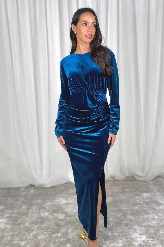 Super Sale Pia Ruched Velvet Dress In Teal