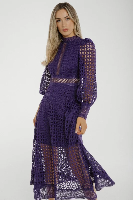 Discount Extravaganza Holly High Neck Embroidered Dress In Purple