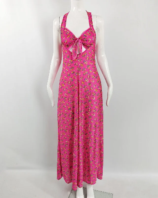 Midnight Madness Van Allan Vintage Womens Pink Halter Neck Maxi Dress, 1970s