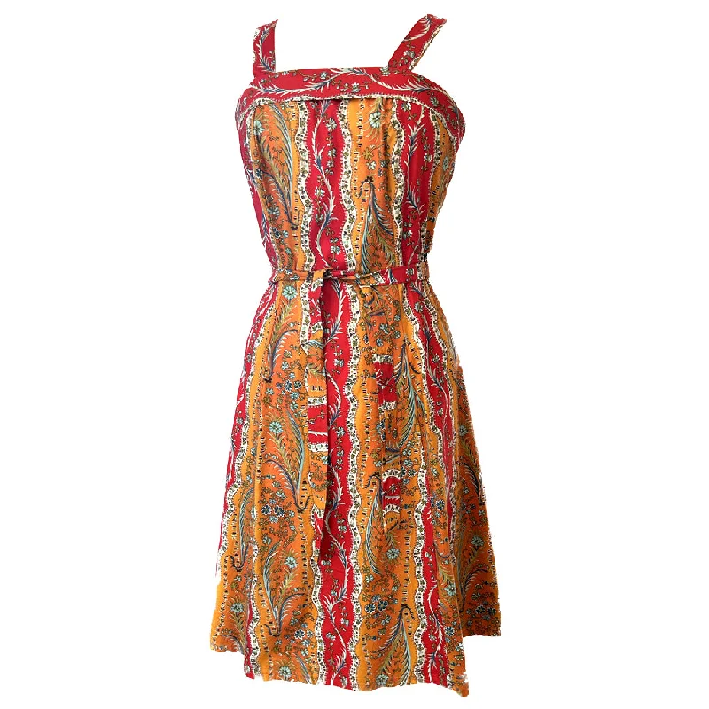 Special Price Bright red and orange cotton floral border print vintage 1970s sun dress Special Price Bright red and orange cotton floral border print vintage 1970s sun dress