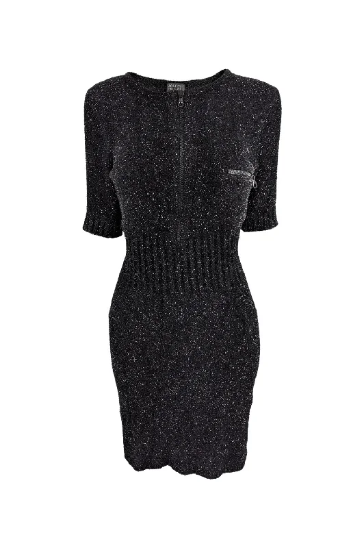 Epic Deals Vintage Black & Silver Metallic Fuzzy Knit Dress, 1990s