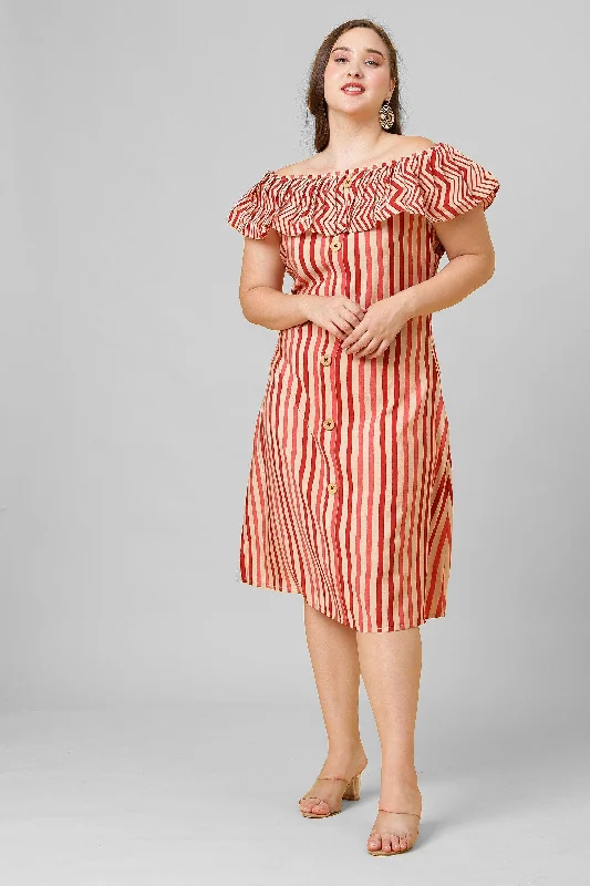 Final Sale Red and White Striped Ruffle Neck A-Line Hot Dress for Women