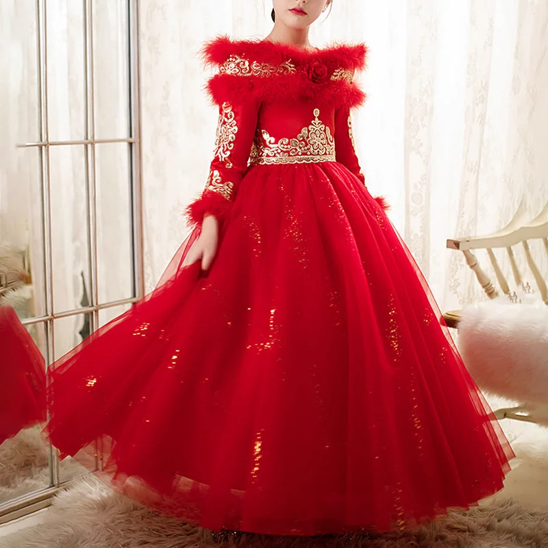 Exclusive Offers Flower Girl Dress Little Girl Communion Dress Winter Fur Red Long Sleeve Pageant Princess Dress Exclusive Offers Flower Girl Dress Little Girl Communion Dress Winter Fur Red Long Sleeve Pageant Princess Dress