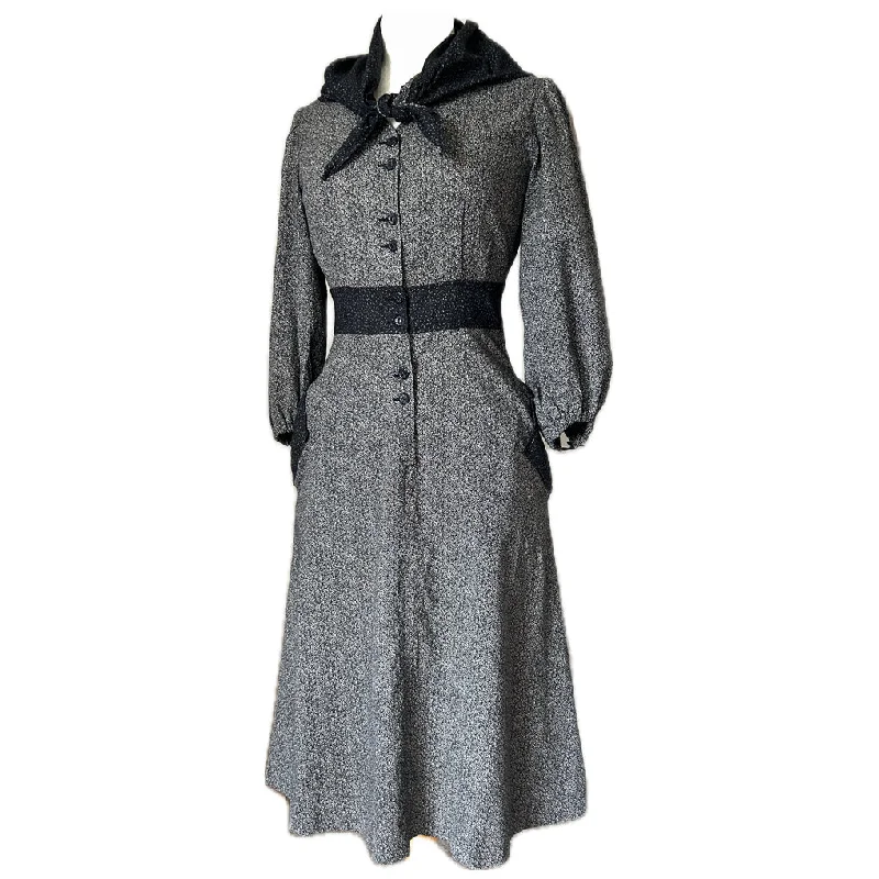 Low Prices Black and white folky cotton vintage 1970s scarf neck day dress