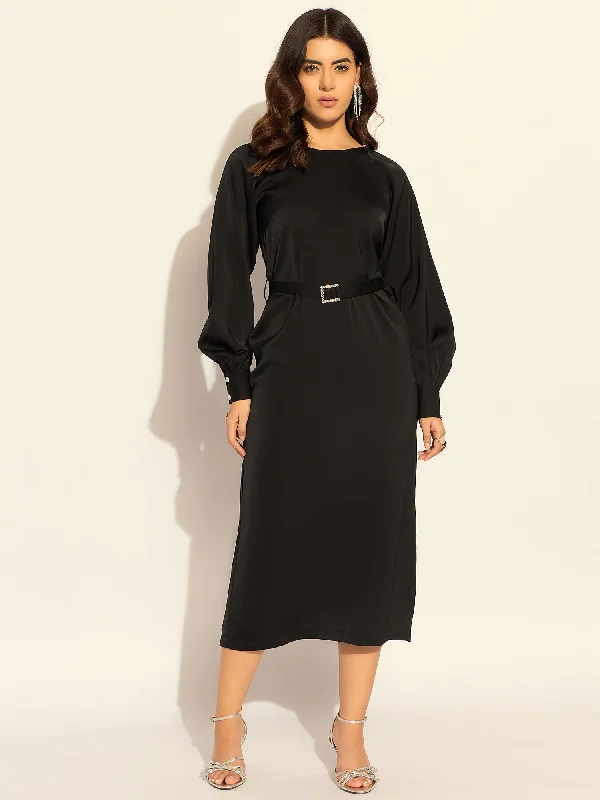 Weekend Flash Sale Chic Semi-Fitted Midi Dress With Gentle Puff Sleeves In Soft Satin Fabric