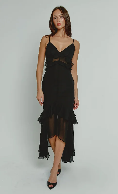 Unmissable Offer Black Chiffon Tiered Ruffle Midi Dress