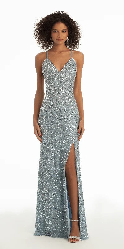 Sequin X Back V Neck Column Dress with Side Slit