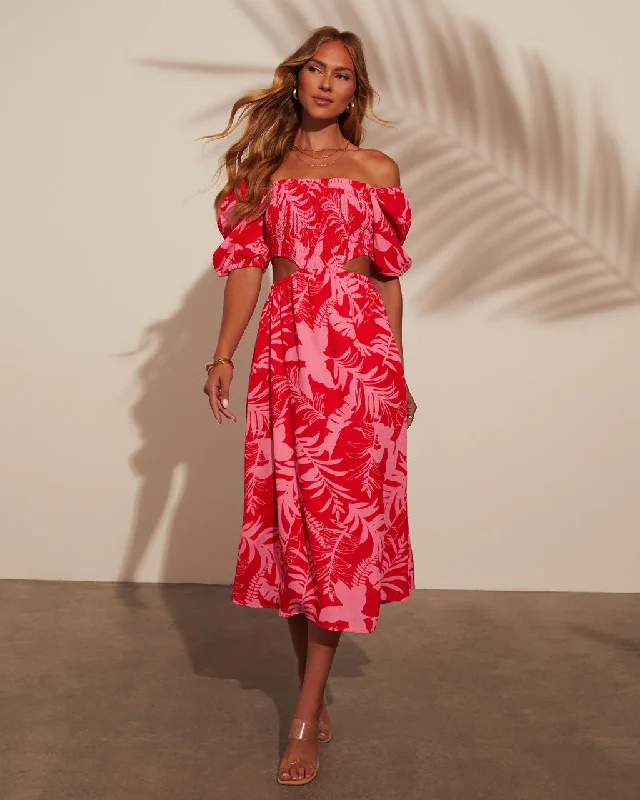 Kalena Tropical Print Cutout Smocked Midi Dress