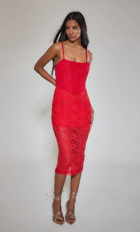 Exclusive Deal Red Lace Midi Corset Dress