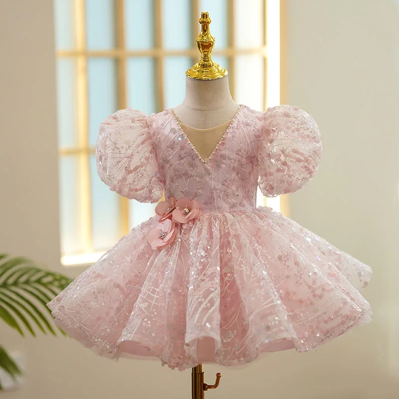 Stock Clearance Baby Girl Birthday Party Dresses Girl Cute Sequined Puff Sleeves Formal Princess Dresses