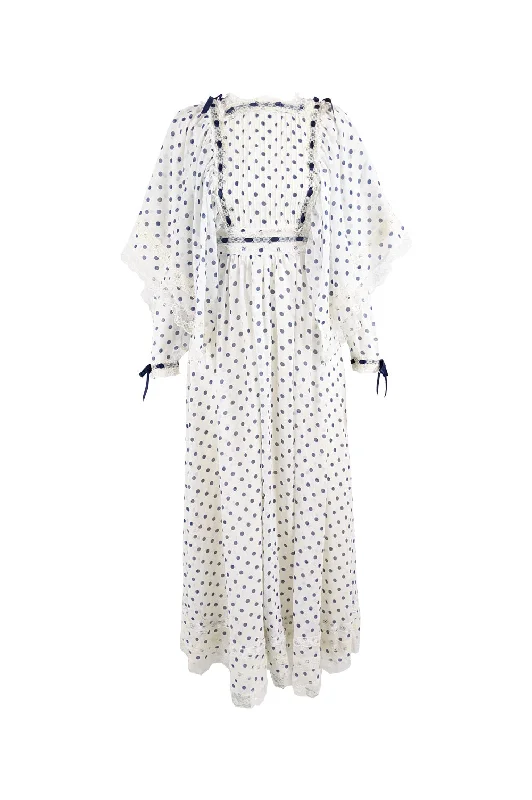 Shop and Save Vintage Off White & Navy Blue Polka Dot Historical Dress, 1970s