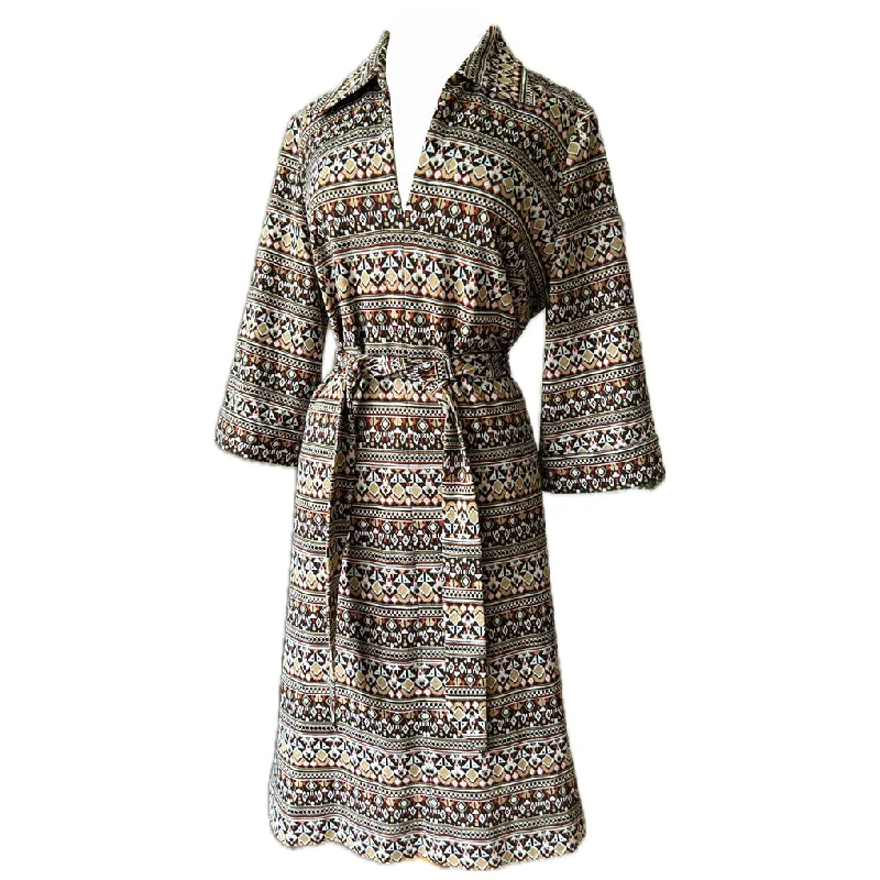 Epic Deals Folky skandi patterned brown and rust orange belted 1970s day dress