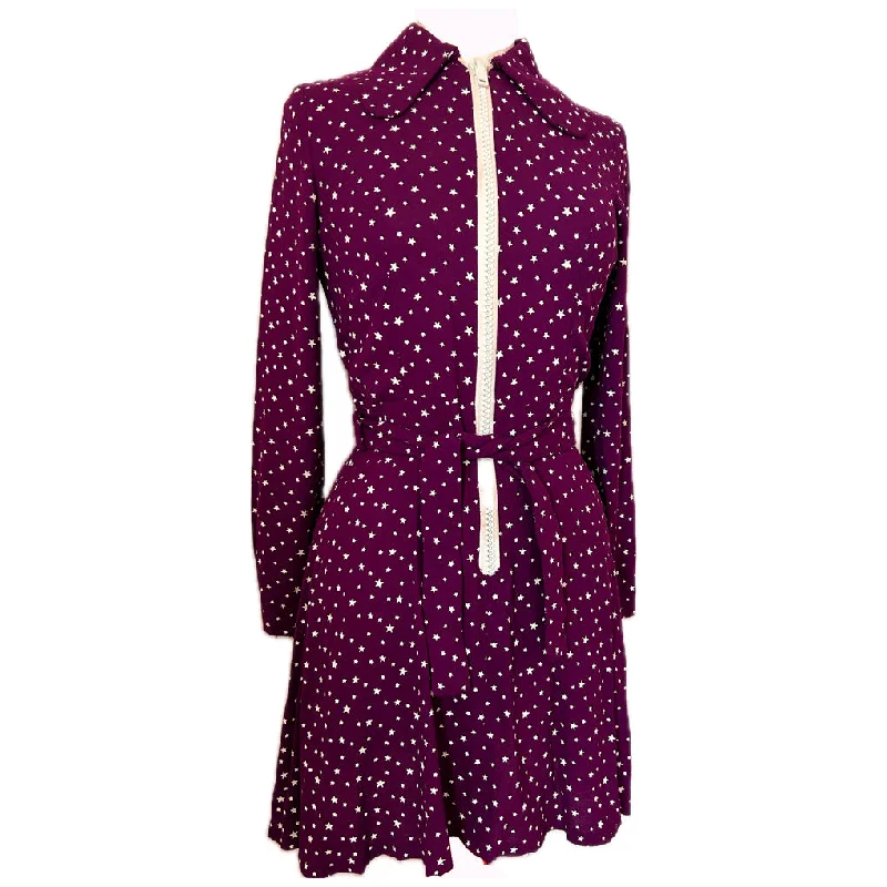 Sneak Peek Sale Claret rayon crepe star print 1970s belted mini dress with chunky zips Sneak Peek Sale Claret rayon crepe star print 1970s belted mini dress with chunky zips