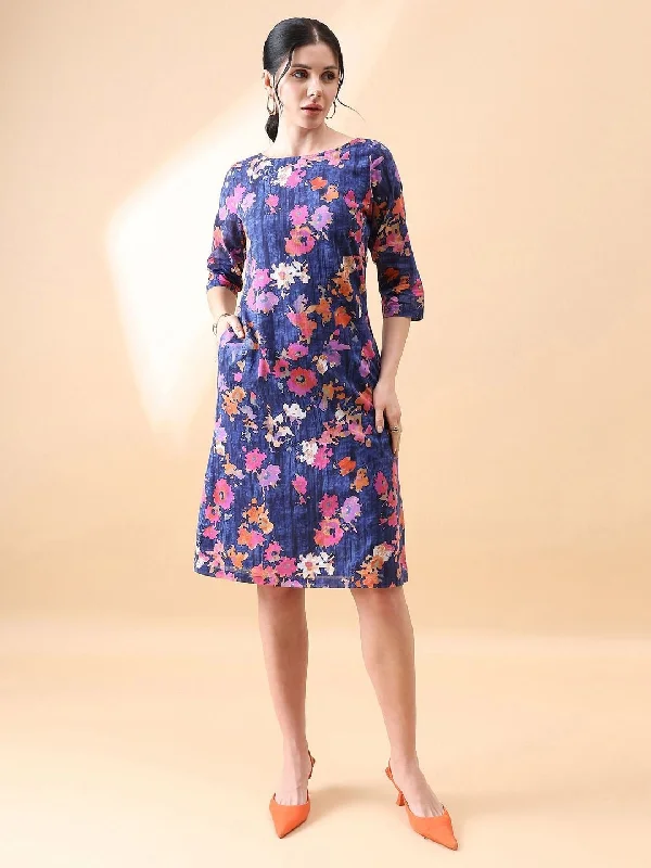 Reduced Prices A-Line cotton floral printed dress- Navy & Orange