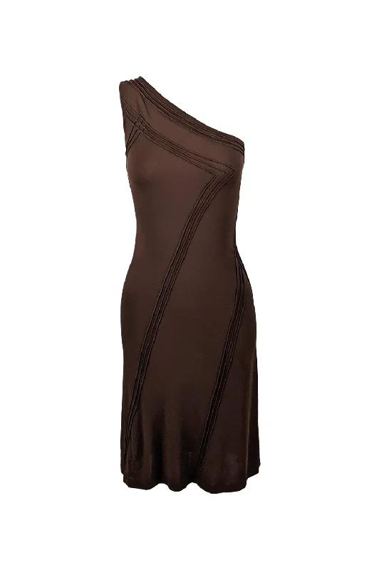 Act Now Donna Karan Vintage Brown Bodycon One Shoulder Dress, 1990s
