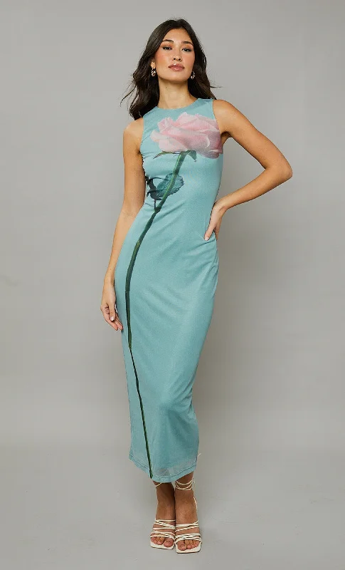 TIME-Limited Offer Turquoise Rose Print Maxi Dress