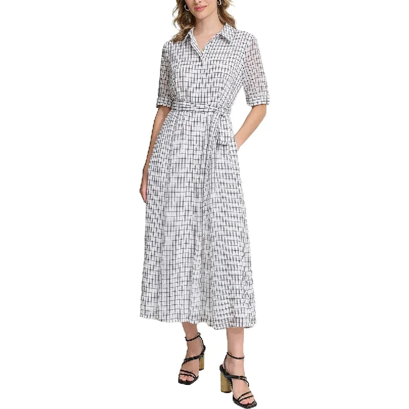 Calvin Klein Womens Chekered Short Sleeve Midi Dress