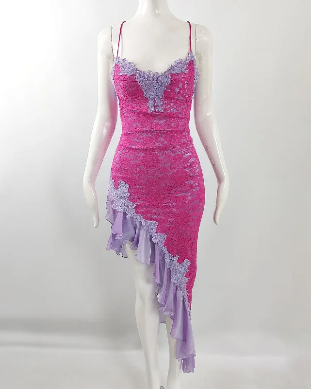 Final Clearance Catwalk Collection Vintage Hot Pink Lace & Purple Chiffon Dress, 2000s