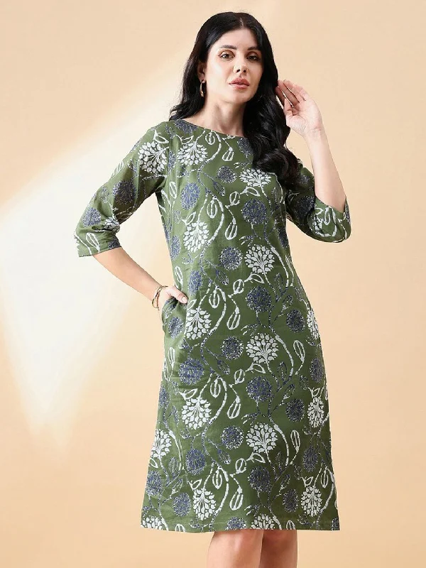 Special Offer A-Line cotton floral printed dress- Olive