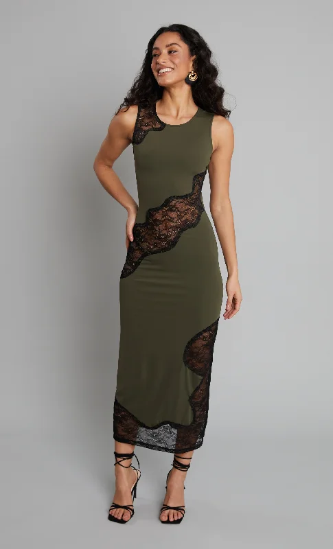 Holiday Sale Khaki Applique Lace Maxi Dress