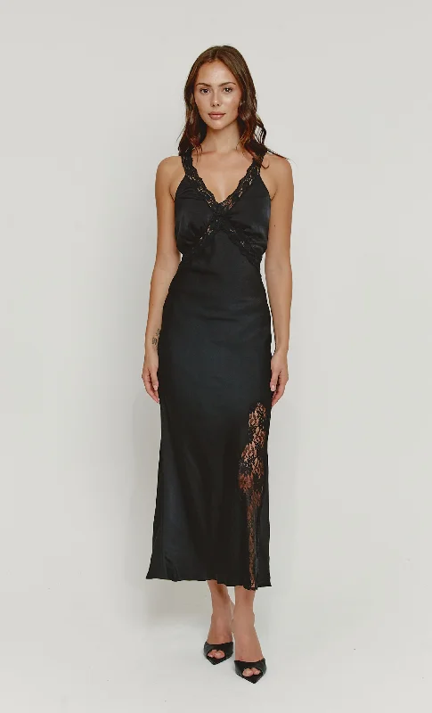 New Arrival Black Lace Slip Maxi Dress