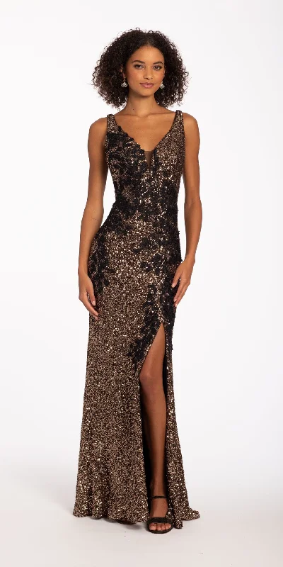 Early Access Leaf Embroidered Deep V Back Dress with Side Slit