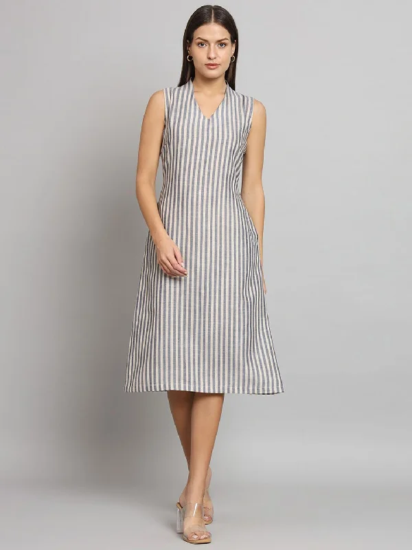 Online Only A-line Striped Poly Linen Dress- Blue and Beige