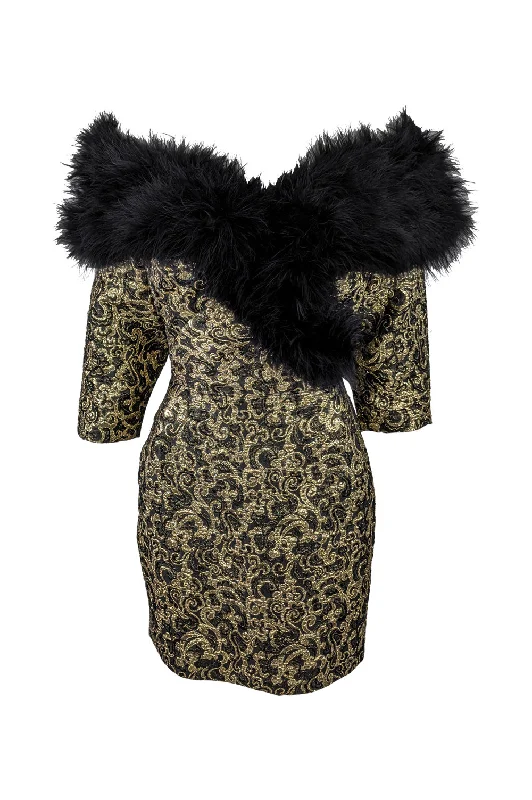 Final Clearance Vintage Gold Brocade Feather Trim Wiggle Party Dress, 1980s