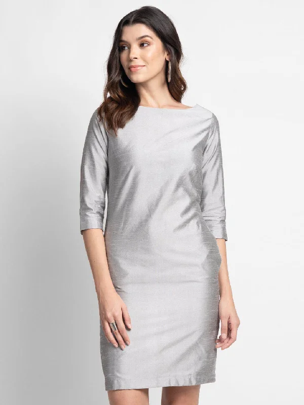 Markdowns Poly Dupioni Evening Sheath Dress - Silver Grey